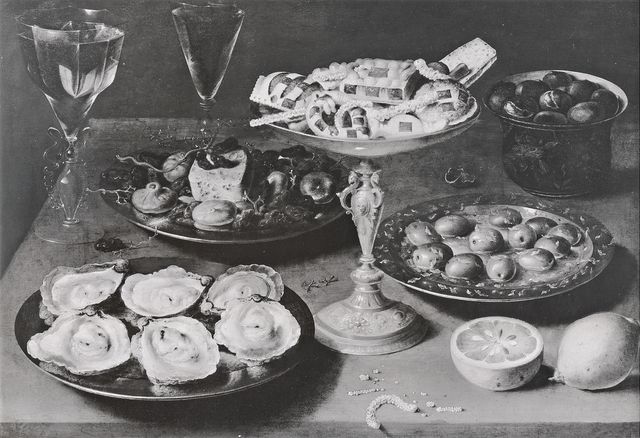 Anonimo — Beert Osias il Vecchio - sec. XVII - Natura morta con piatto di ostriche, alzata di dolci, limoni e calici — insieme